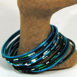 Bangles Set Green & Aqua w/Silver Black Accents